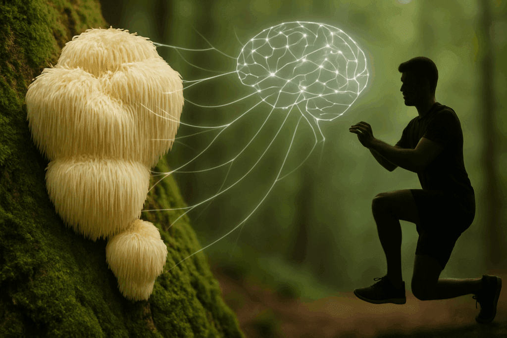 Lion’s Mane mushroom on mossy tree with neural lines linking to man doing single-leg squat, symbolizing best herbs for muscle strength