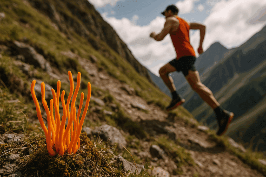 Close-up of Cordyceps mushrooms on an alpine trail with a mountain runner in the background, symbolizing the best herbs for muscle strength.