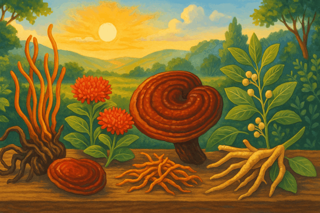 Cordyceps, Reishi, Rhodiola, and Ashwagandha displayed on a wooden table at sunrise, showcasing the best herbs for muscle strength in a natural landscape.
