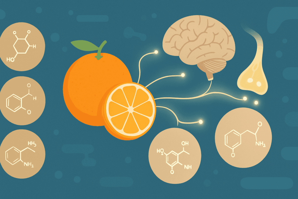 Infographic showing how nutrients in oranges help produce dopamine and serotonin, supporting brain function and answering do oranges give you energy.