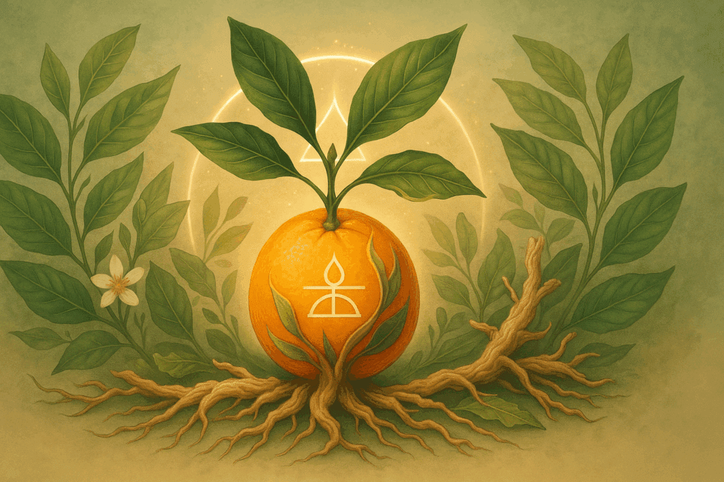 Orange transforming into an adaptogenic plant with roots and leaves, symbolizing natural balance and answering do oranges give you energy.