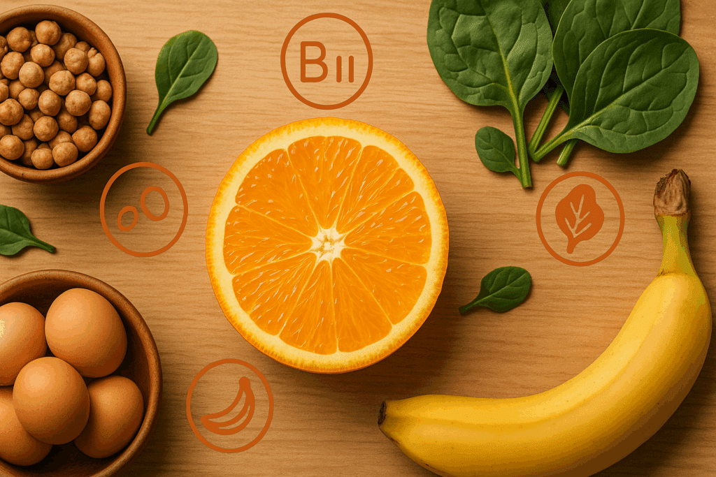 Sliced orange with spinach, banana, eggs, and legumes arranged on wood background illustrating nutrients that answer do oranges give you energy