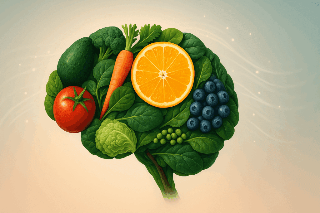 Brain-shaped collage of fresh fruits and vegetables, featuring a vivid orange slice to illustrate the concept do oranges give you energy.
