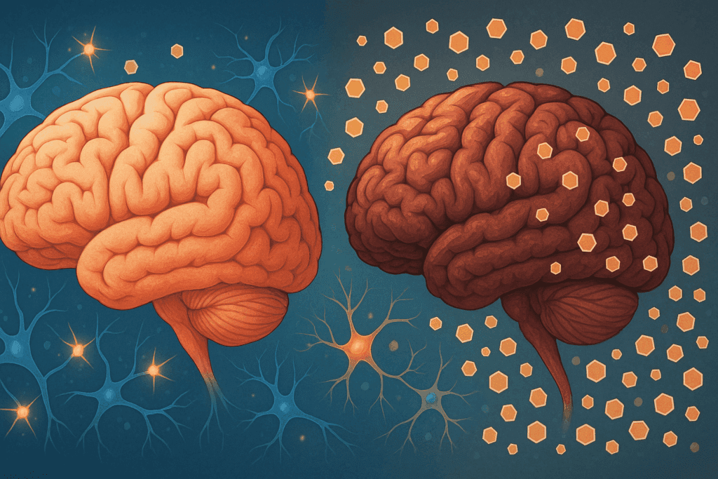 Comparison of a healthy brain and a brain affected by fluctuating glucose levels, highlighting the impact of the best mushroom for blood sugar on cognitive function