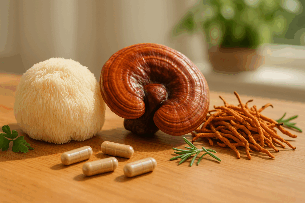 Lion’s Mane, Reishi, and Cordyceps mushrooms on a wooden table with herbs and supplements, showcasing the best mushroom for blood sugar support.