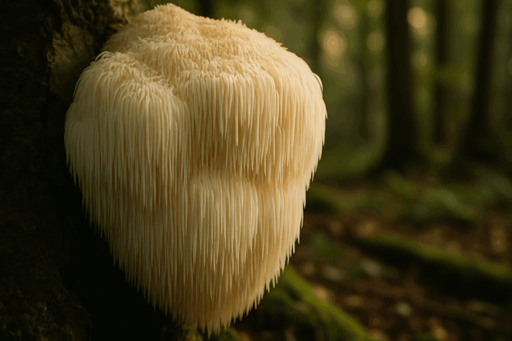 Lion’s Mane mushroom growing in a serene forest, highlighted by dappled light, symbolizing the best mushroom for blood sugar support