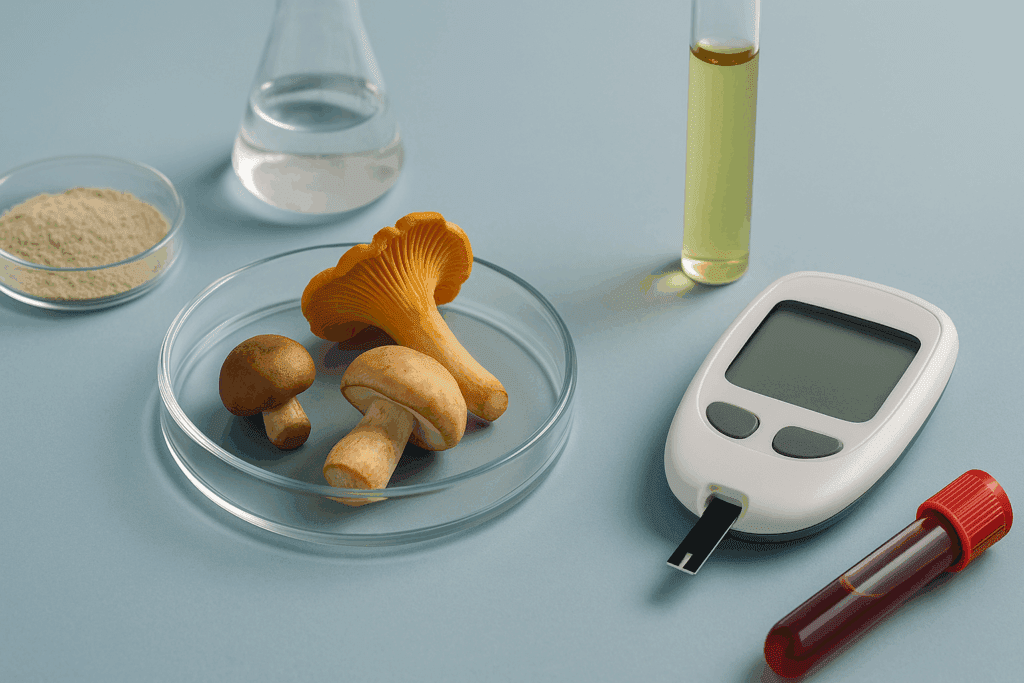 Petri dish with the best mushroom for blood sugar beside glucose meter, blood vial, and lab test tubes on a clinical surface