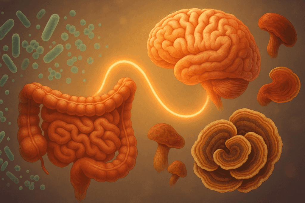 Stylized illustration of the gut–brain axis with fiberoptic neural link, surrounded by healthy flora and the best mushroom for blood sugar support like Reishi and Turkey Tail