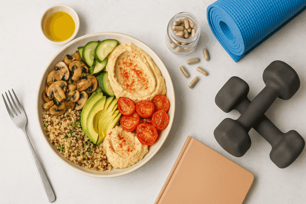 Colorful Mediterranean meal with sautéed mushrooms, quinoa, avocado, and hummus beside mushroom capsules, dumbbells, a yoga mat, and a journal—symbolizing holistic support with the best mushroom for blood sugar.