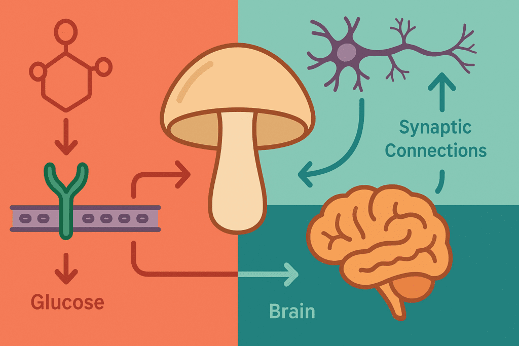Infographic showing how the best mushroom for blood sugar supports insulin sensitivity and enhances brain function through metabolic and cognitive pathways.