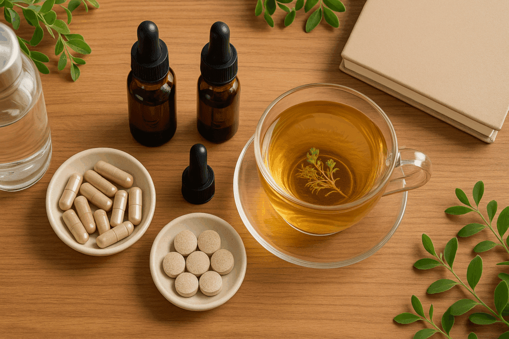 Various Rhodiola rosea supplements including capsules, tablets, liquid droppers, and tea, arranged for mindful wellness use—highlighting the best time of the day to take rhodiola rosea.