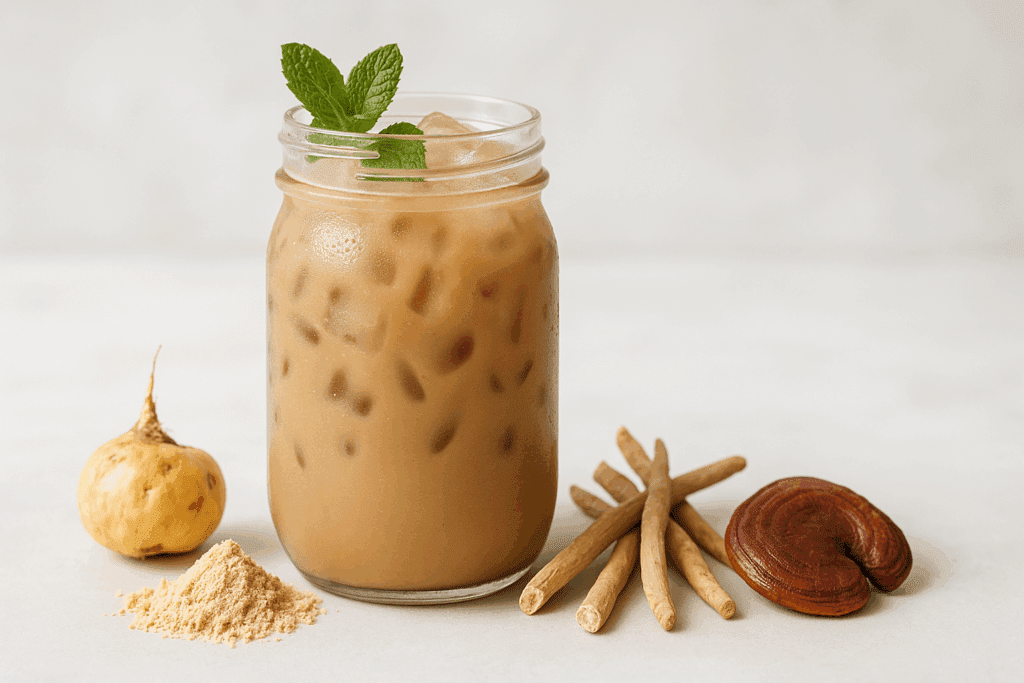 Chilled adaptogenic caffeine drink in a glass jar with maca root, mint, ashwagandha, and reishi—showcasing the best way to take caffeine for adrenal balance.