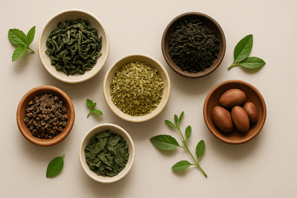 Assorted natural caffeine sources—green tea leaves, black tea, yerba mate, guayusa, cacao nibs, and kola nuts—arranged in bowls as the best way to take caffeine without coffee.