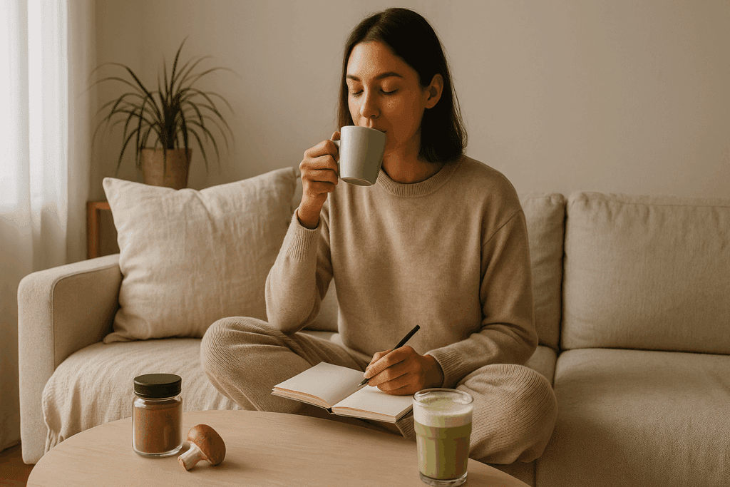 Woman journaling while sipping a matcha latte in a sunlit room, illustrating the best way to take caffeine calmly.