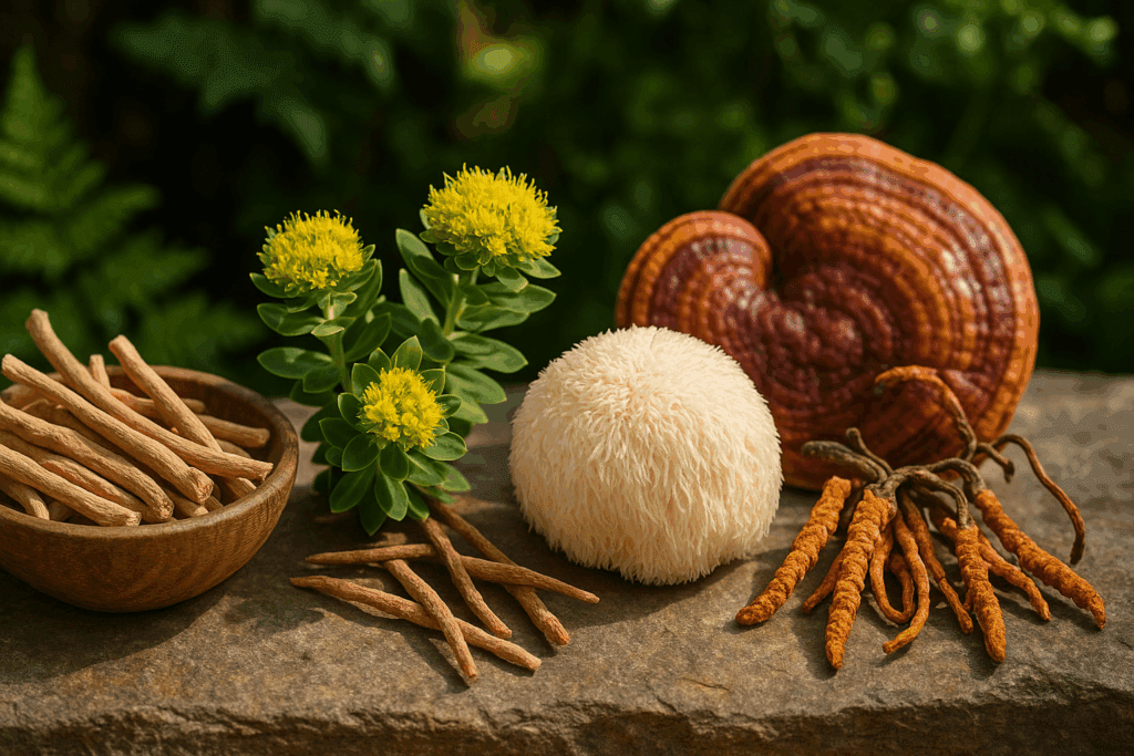 Assorted adaptogens including ashwagandha, rhodiola, lion’s mane, and cordyceps on stone—natural supplements often paired with the best way to take caffeine.
