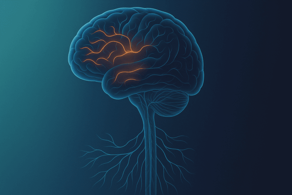 Neural illustration showing brain and spinal cord activity, visualizing the best way to take caffeine for calm alertness