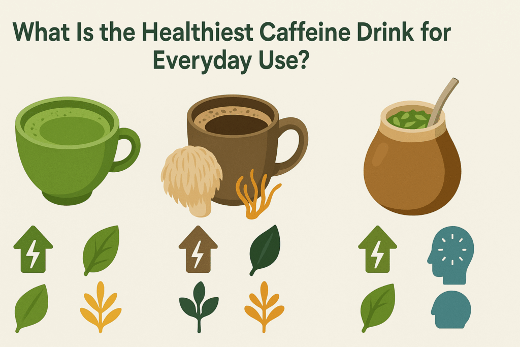 Infographic comparing three drinks to find the best way to take caffeine—matcha, mushroom coffee, and yerba mate—using icons for energy, antioxidants, adaptogens, and focus