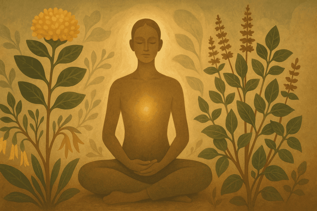 Meditative figure surrounded by rhodiola, ashwagandha, and holy basil plants symbolizing natural stress relief and the herbal answer to what drink gives you the most energy.