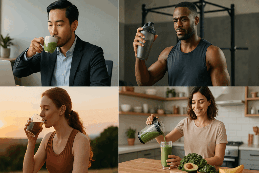 Businessman with matcha, athlete with pre-workout, yogi sipping reishi, and vegan making a smoothie—lifestyle answers to what drink gives you the most energy