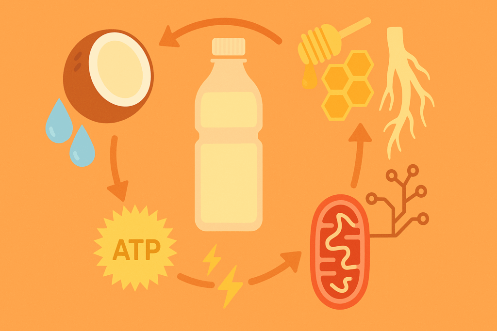 Infographic showing how ingredients in an instant energy drink—coconut water, honey, adaptogens, and B vitamins—illustrate what drink gives you the most energy