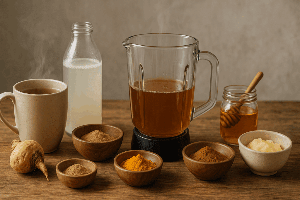 Homemade wellness setup showing ingredients for what drink gives you the most energy, including herbal tea, coconut water, maca root, cordyceps, and honey.