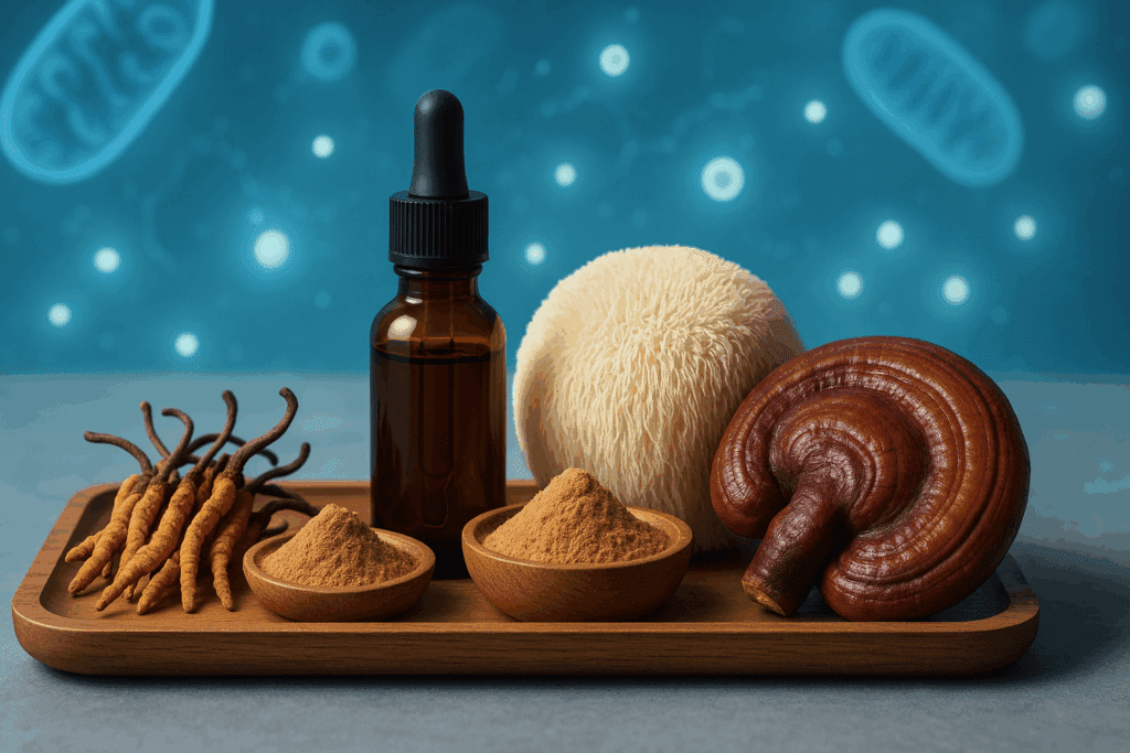 Cordyceps, lion’s mane, and reishi mushrooms in powder, tincture, and fresh form on tray—natural supplements showing what drink gives you the most energy