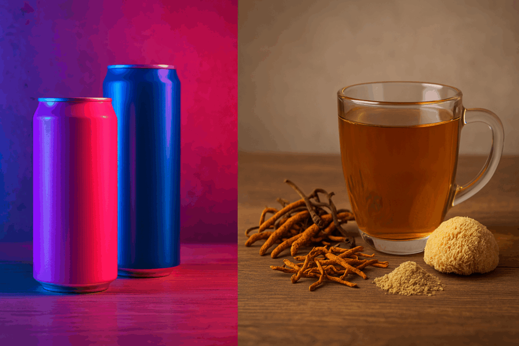 Side-by-side comparison of synthetic energy drinks in neon cans and natural herbal tea with cordyceps, lion’s mane, and maca, highlighting what drink gives you the most energy.