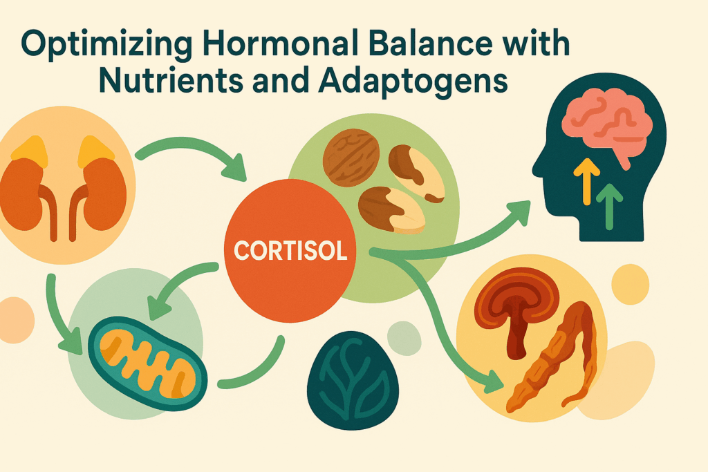 Visual diagram showing how cortisol, adaptogenic mushrooms, and nuts energy food support adrenal glands, mitochondria, and mood balance