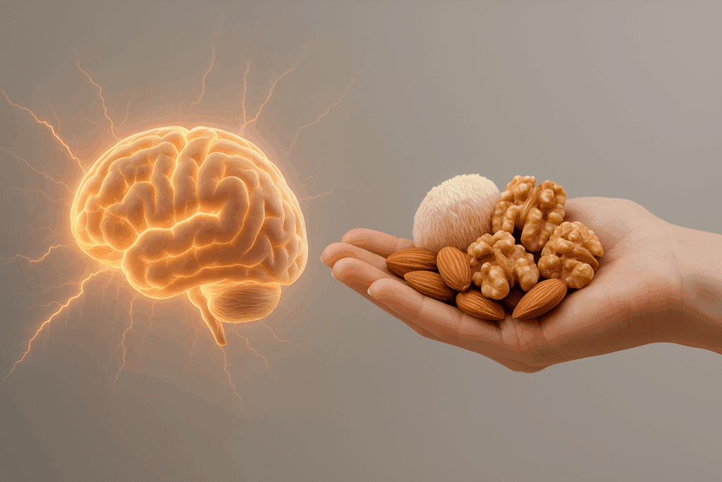 Glowing human brain radiating energy beside a hand holding walnuts, almonds, and lion’s mane mushrooms as nuts energy food for mental clarity.