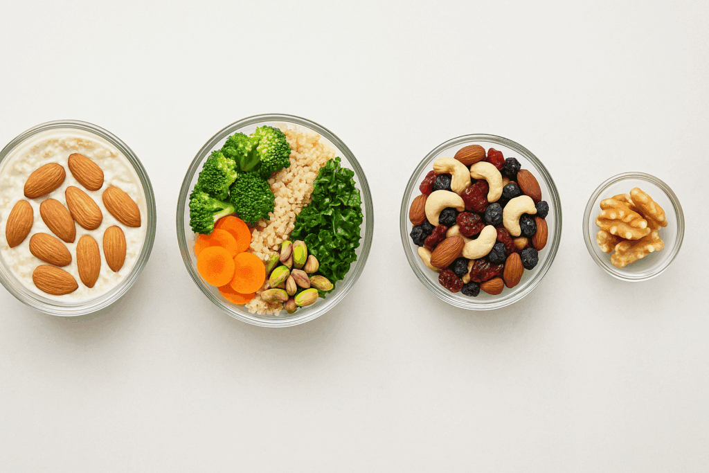 Flat lay of four glass bowls featuring nuts energy food: almond overnight oats, pistachio quinoa salad, cashew trail mix, and walnut snack.