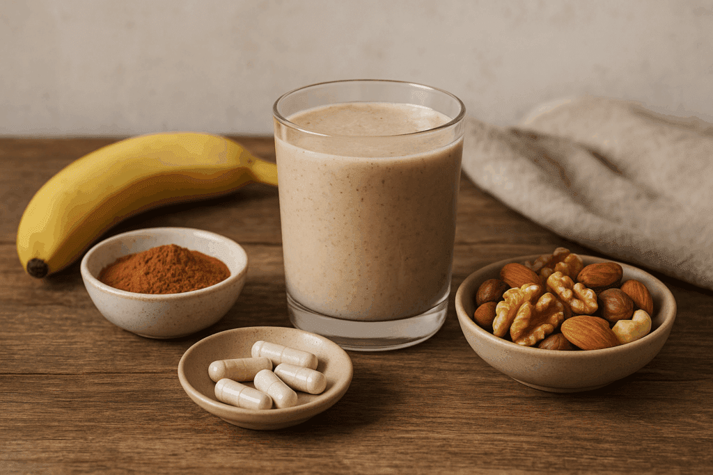 Walnut-banana smoothie in a clear glass with reishi mushroom powder, lion’s mane capsules, and mixed nuts on a wooden table, showcasing a wholesome nuts energy food breakfast.