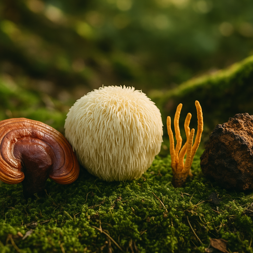 Fresh adaptogenic mushrooms including reishi, lion’s mane, cordyceps, and chaga on a mossy forest floor, symbolizing natural roots of nuts energy food.