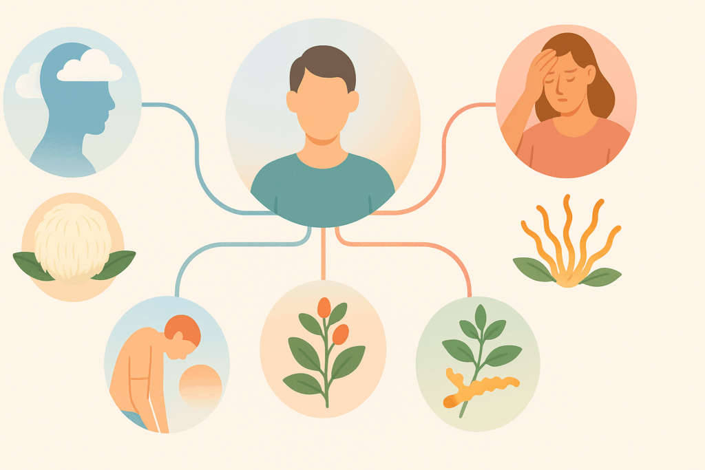 Personalized wellness illustration showing a central figure connected to natural supplements for work like lion’s mane, ashwagandha, and cordyceps targeting mental fog, emotional fatigue, and physical exhaustion.