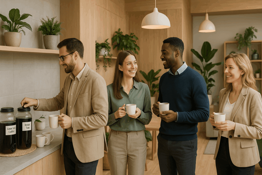 Professionals enjoying mushroom-infused drinks like lion’s mane coffee in a wellness-focused office, highlighting natural supplements for work.