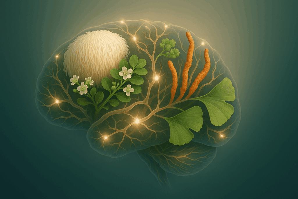 Conceptual brain formed from herbs and fungi like lion’s mane, bacopa, cordyceps, and ginkgo, symbolizing natural supplements for work and mental clarity.