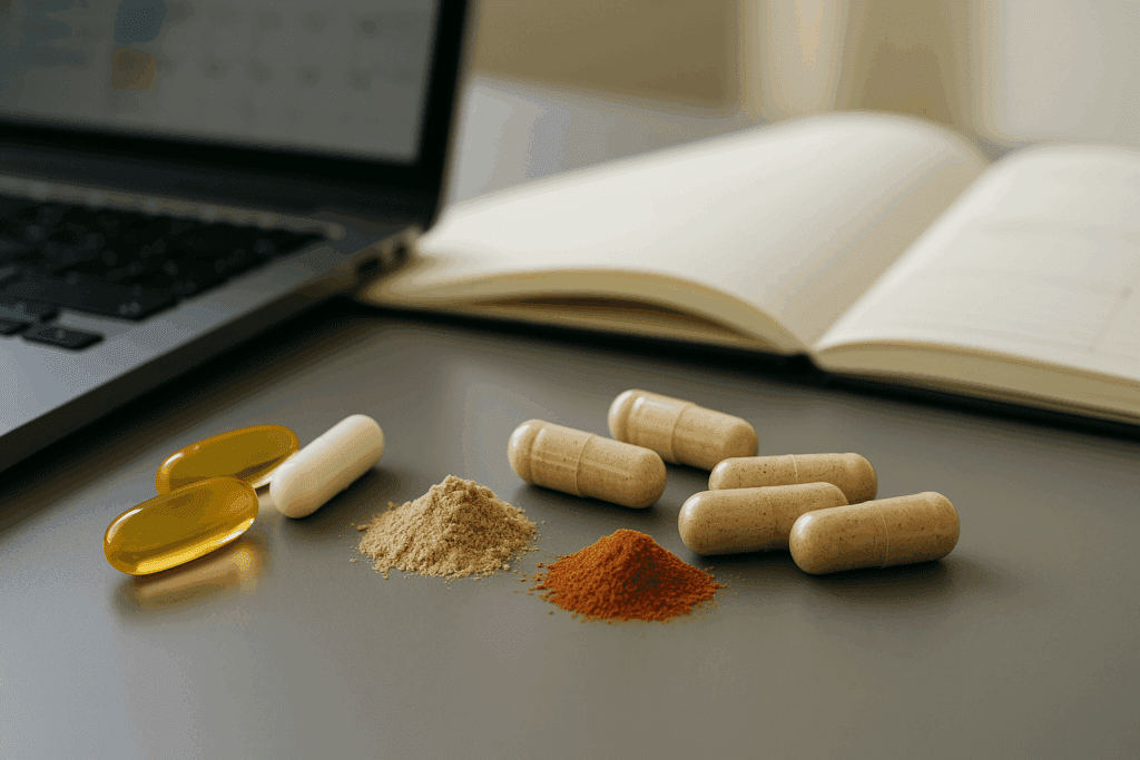 Variety of supplements for work including herbal capsules, synthetic pills, and powder blends on a modern desk with a laptop and planner.