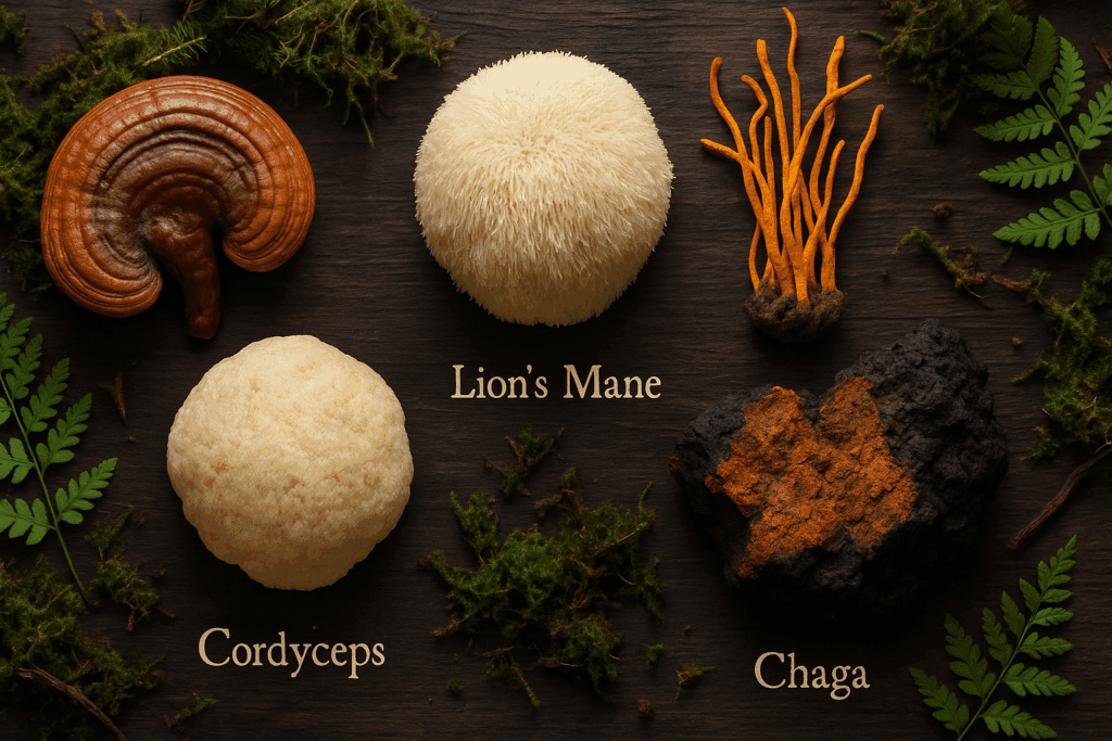 Four adaptogenic mushrooms—reishi, lion’s mane, cordyceps, and chaga—on a rustic wooden table with moss, used in natural supplements for work and cognitive support.