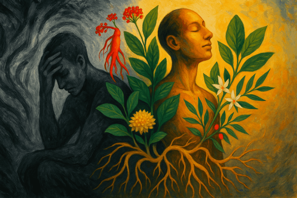 Stressed human figure surrounded by gray chaos transforming into calm with vibrant adaptogenic plants, symbolizing natural supplements for work stress relief.