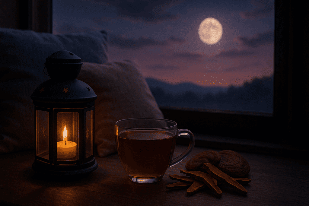 Reishi mushroom tea beside a glowing lantern and dried slices, evoking nighttime calmness—ideal for guides on how to increase energy after 60