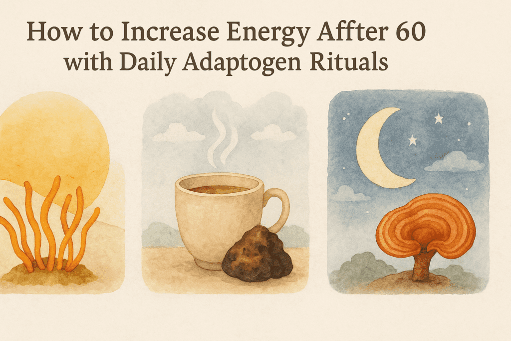 Infographic showing how to increase energy after 60 with a daily adaptogen ritual of morning Cordyceps, midday Chaga tea, and evening Reishi.