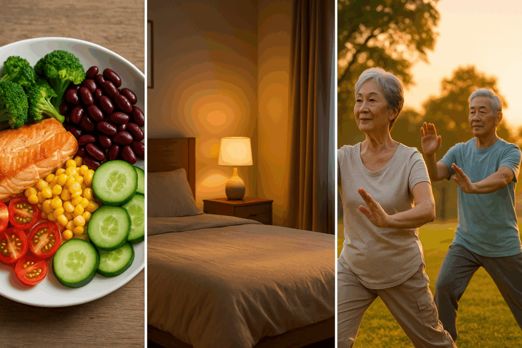 Balanced lifestyle tips for how to increase energy after 60—nutritious meal, cozy sleep setting, and tai chi in a sunrise-lit park