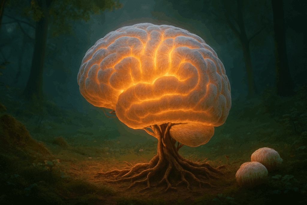 Surreal forest brain made of roots and mushrooms symbolizing how to increase energy after 60 through nature.