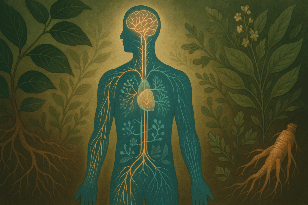 Artistic illustration of human nervous, endocrine, and immune systems glowing in harmony, surrounded by herbal elements, symbolizing how to increase energy after 60 naturally.
