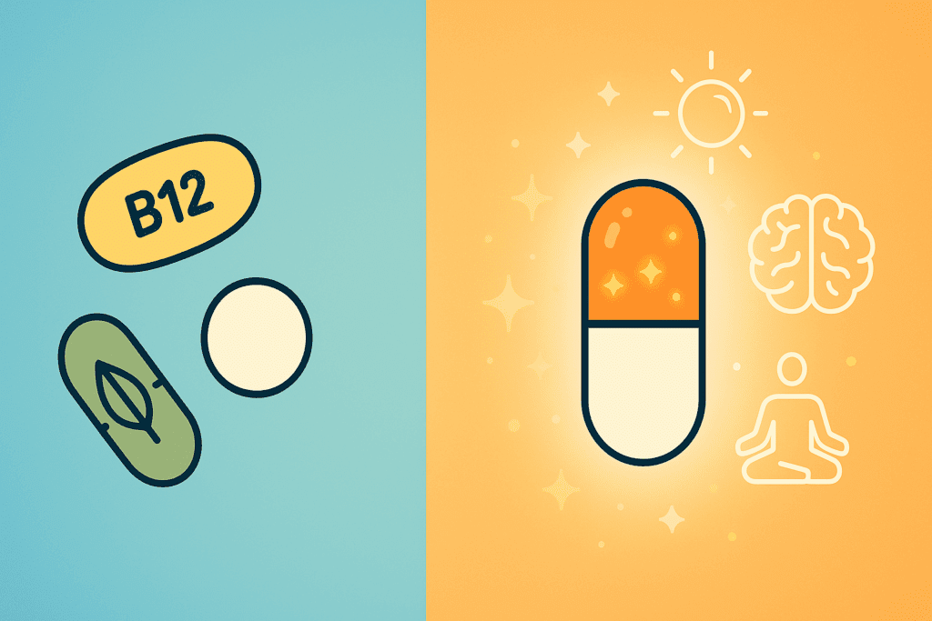 Infographic comparing single-ingredient pills to a glowing combo capsule symbolizing the best supplements for energy and focus