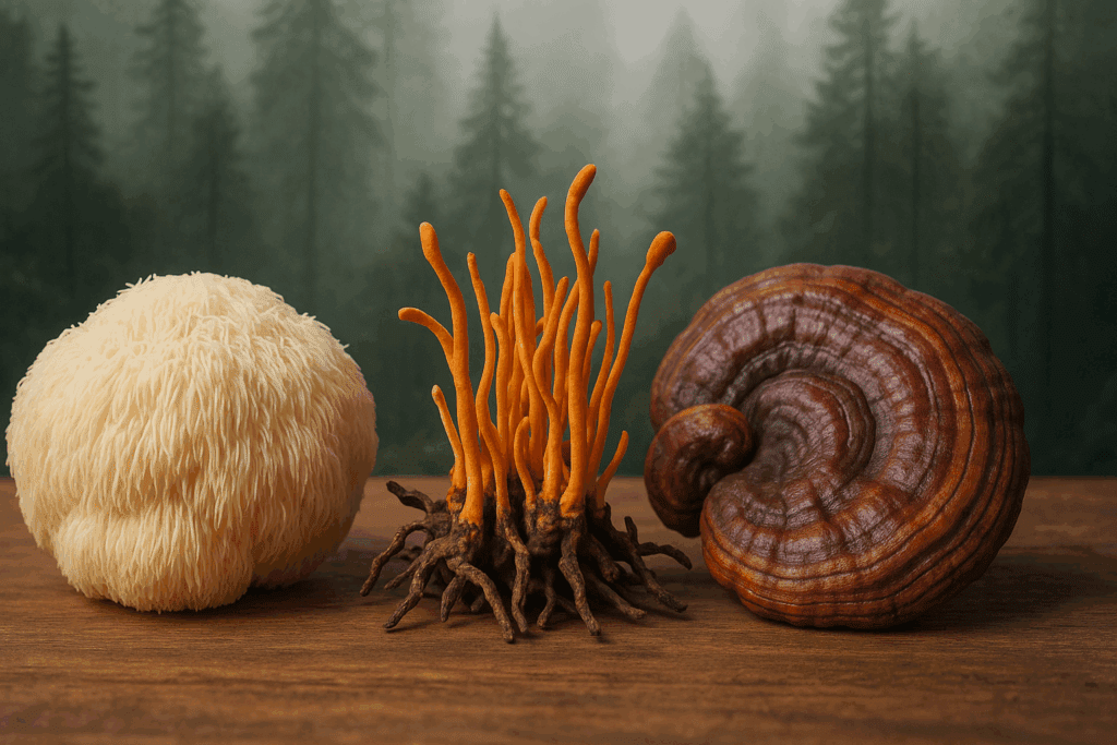 Lion’s Mane, Cordyceps, and Reishi mushrooms on a wooden table with a misty forest backdrop, showcasing the best supplements for energy and focus.