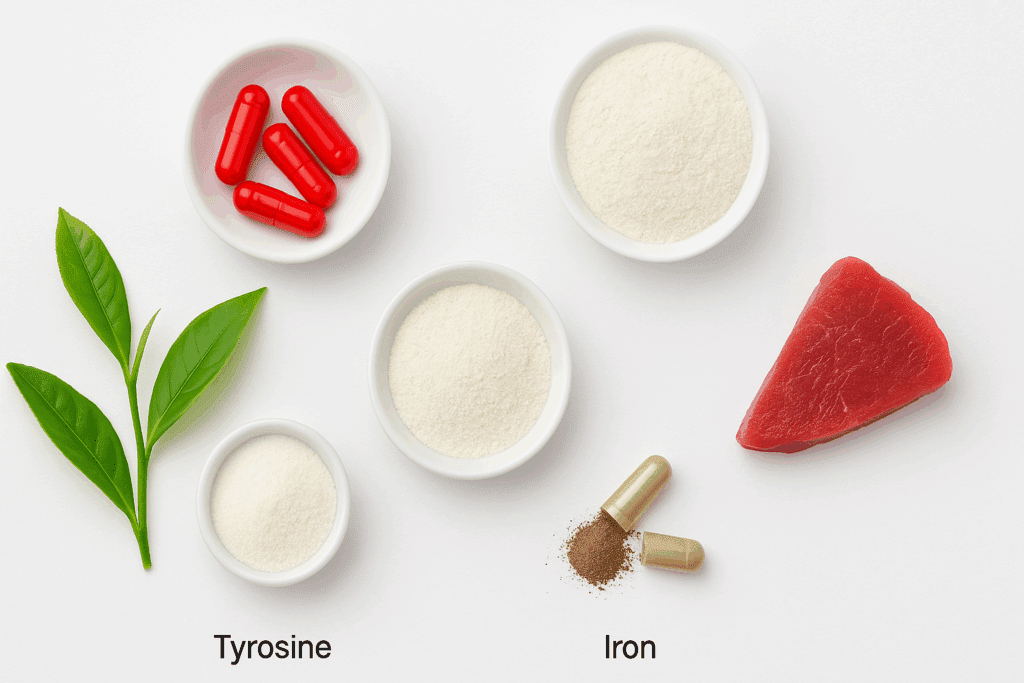 Flat-lay of the best supplements for energy and focus including Vitamin B12 capsules, L-theanine and Tyrosine powders, iron capsules, green tea leaves, and a slice of red meat on a clean white background.