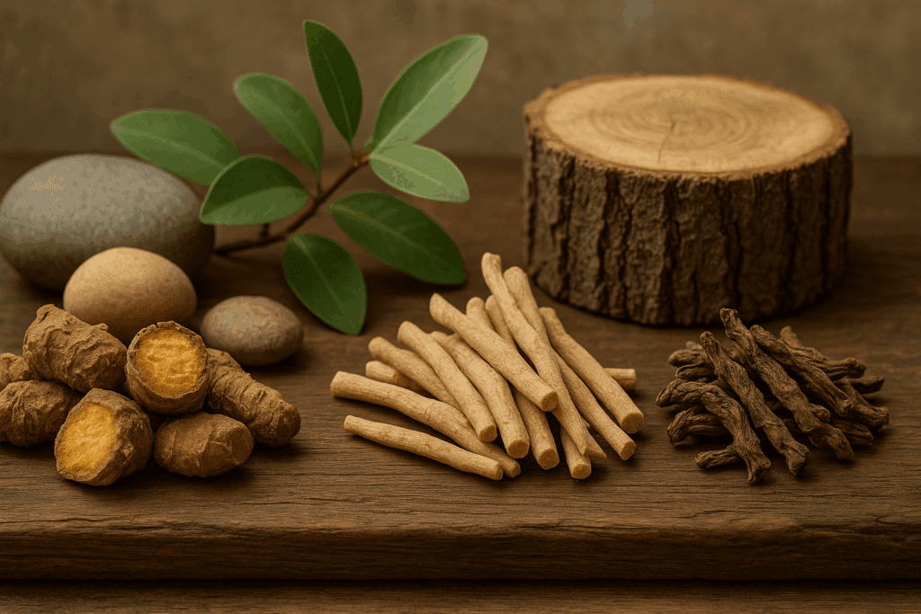 Raw Rhodiola, Ashwagandha, and Eleuthero roots arranged with stones and wood, symbolizing the best supplements for energy and focus