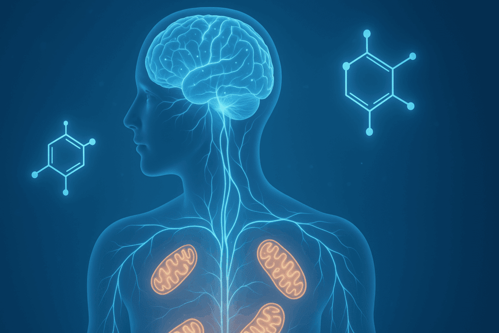 Medical illustration of a human figure with glowing brain, neural pathways, hormone molecules, and mitochondria, representing how the best supplements for energy and focus support physiological function.