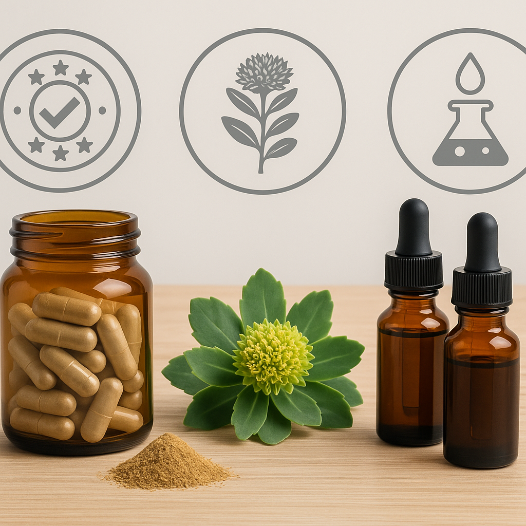 Rhodiola rosea supplements in capsule, powder, and liquid form with purity icons on a wooden table