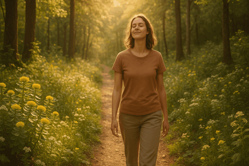 Woman walking peacefully through a sunlit forest trail lined with blooming rhodiola rosea supplements in natural growth.